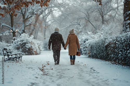 Senior couple holding hands and walking on snowy park path