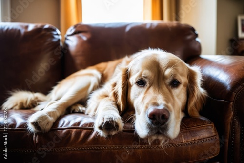 Golden retriever sleeping curled up on brown leather couch next to decorative pillows.