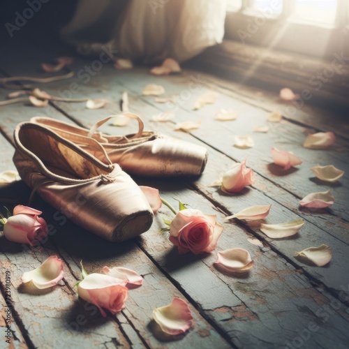 Ballet shoes rest on distressed wooden floor with rose pellets scattered around