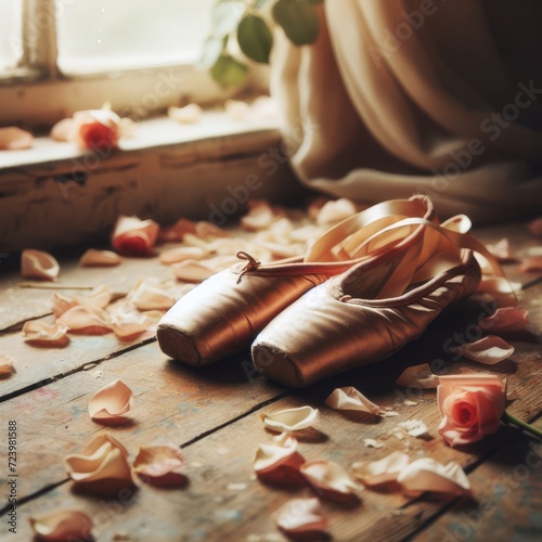 Ballet shoes rest on distressed wooden floor with rose pellets scattered around