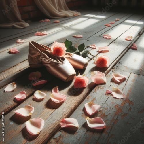 Ballet shoes rest on distressed wooden floor with rose pellets scattered around