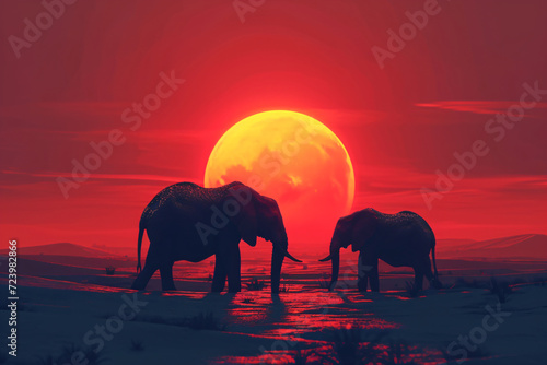 African elephants walking through the savanna plains on sunset or sunrise. Wild nature, Kenya panoramic view. Black history month concept. World rhino day. Animal protection