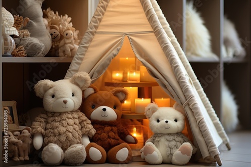Textile hut with soft toys in the children's room in beige interior