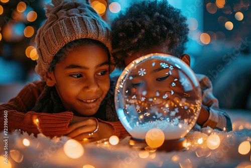 African american boy and girl lying and looking at illuminated christmas snow globe at home
