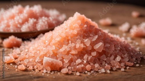 Close-up high-resolution image of natural Himalayan pink salt on the kitchen table.