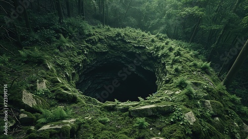 An enigmatic sinkhole opens amidst a lush forest, with ferns and moss-covered stones creating a natural, untouched scene.