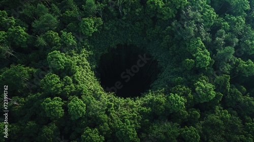 The sunlit verdure of a forest canopy is dramatically interrupted by the gaping darkness of a massive sinkhole, viewed from above.