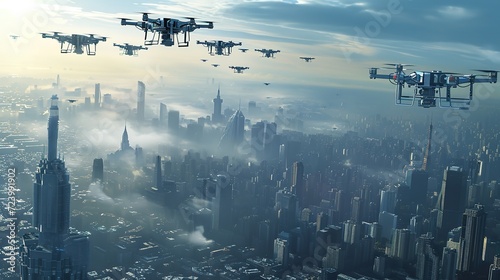 A fleet of unmanned drones hovers above a sprawling city shrouded in morning fog, capturing the intersection of technology and urban life at the break of dawn.