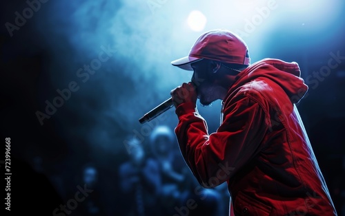 A dynamic rapper delivers a powerful performance on stage, illuminated by vibrant neon lights, captivating the audience with his rhythmic flow.