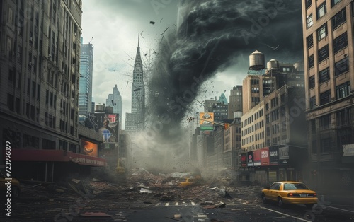 A dramatic scene of a tornado in a city, causing destruction and chaos amidst buildings and cars.