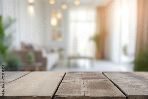 Empty table with abstract blurred background. A minimalist living room with a blurry interior for displaying products.