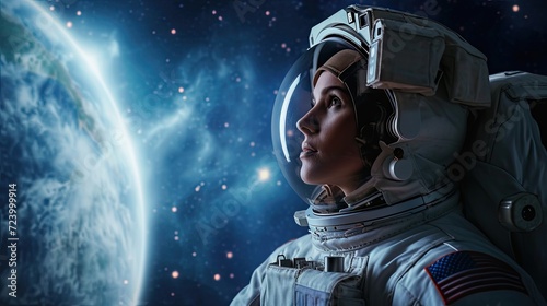 Astronaut woman in spacesuit in outer space