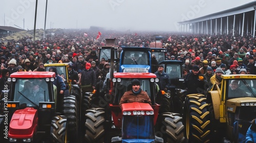 mass gathering with farmers on tractors showing unity and solidarity in protest. a symbol of general discontent and demands for change. Concept: social movements, agricultural policy and civil protest