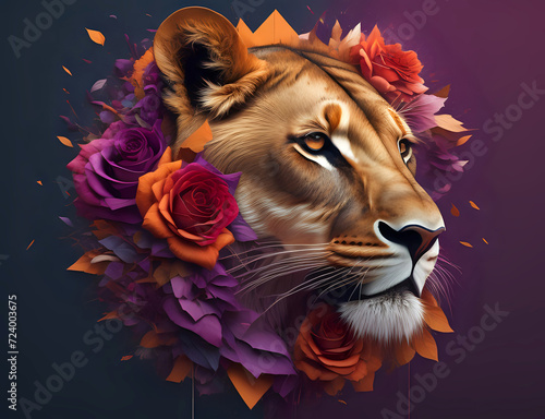 Kopf einer Löwin mit Rosen Hals im Profil