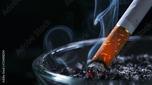 Close-up of a glowing cigarette in an ashtray, smoke, its gray wisps contrasting with the black background. There is an ashtray on the table. Illustration.