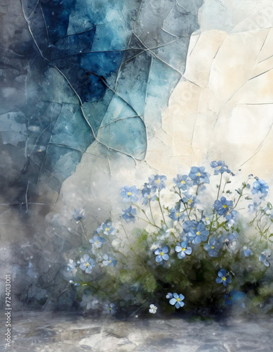 Tapeta, tło abstrakcyjne, ściana i niebieskie kwiaty w podwójnej ekspozycji. Dekoracja, abstrakcja, panel. Generative AI