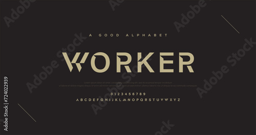 Worker Minimalist display font design, alphabet, typeface, letters and numbers, typography.