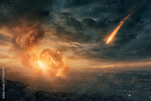 Huge city being hit by a comet, natural disaster and end of the world concept.