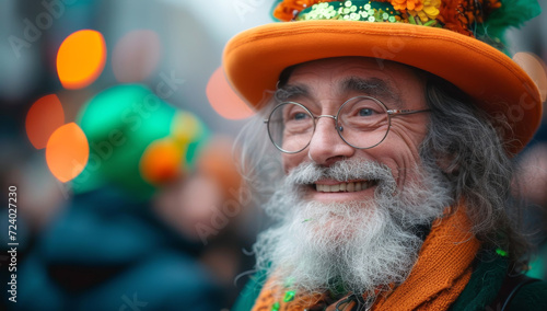 Senior Man Celebrating St. Patrick's Day. An elderly man with a beard wearing an orange festive hat adorned with clovers.