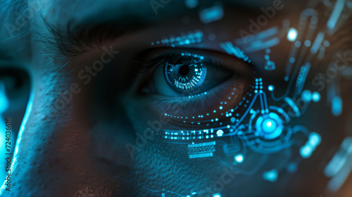 Closeup of a human eye with blue digital cyber electronic light technology