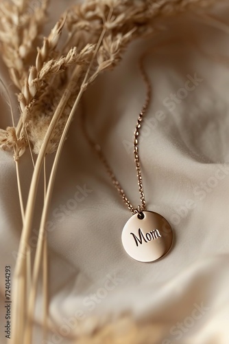 Necklace with 'Mom' engraved pendant on a soft fabric