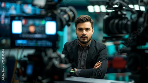 A male TV presenter of news or a program in front of the camera, broadcast on TV news