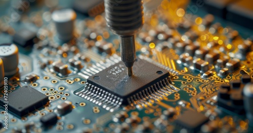 A Soldering Iron's Delicate Dance on a Circuit Board with a Computer Chip