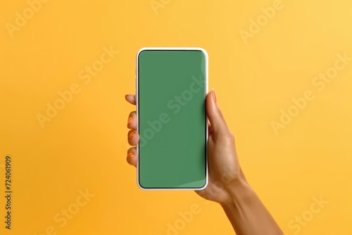 Modern bezel-less smartphone with blank green screen on hand isolated on yellow background