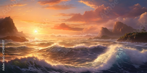 A serene coastal scene with waves gently crashing against rugged cliffs, the sun setting over the horizon.