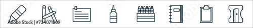 outline set of stationery line icons. linear vector icons such as correction pen, chalk, post it, glue, crayon, education, clipboard, pencil sharpener