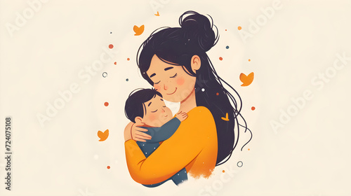 Illustration of a mother and her baby hugging each other, perfect for children's books or parenting materials.