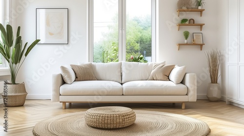 Bright airy living room with comfortable white sofa and stylish natural fiber rug