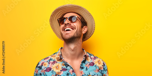 A man wearing a summer travel straw hat is smiling happily.