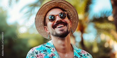 A man wearing a summer travel straw hat is smiling happily.
