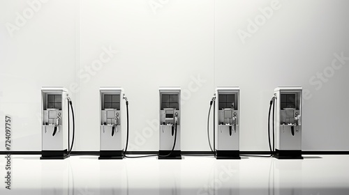 Minimalist graphic of fuel pumps with a focus on the sleek design and monochromatic tones, under the soft daylight