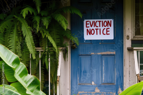 Eviction Notice on Worn Blue Door Amidst Overgrown Greenery