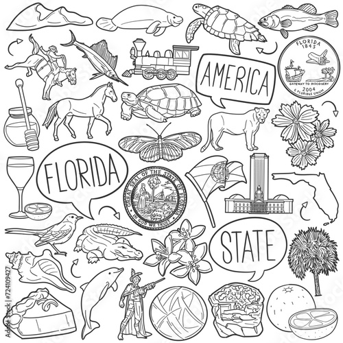 Florida State Doodle Icons Black and White Line Art. United States Clipart Hand Drawn Symbol Design.