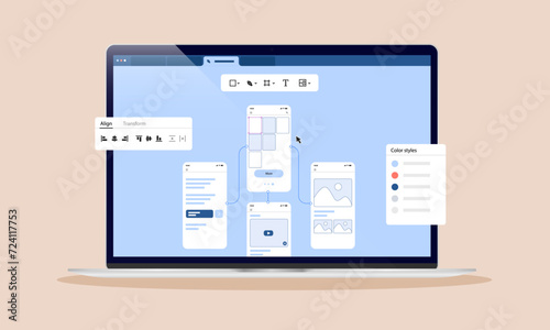 Prototype of website or application on computer screen - Prototyping work creating sketch and wireframe on laptop in flat design, front view vector illustration