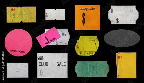 collection of blank old sticker, label, price tag template for mockup. isolated dirty, ripped, half peeled stickers