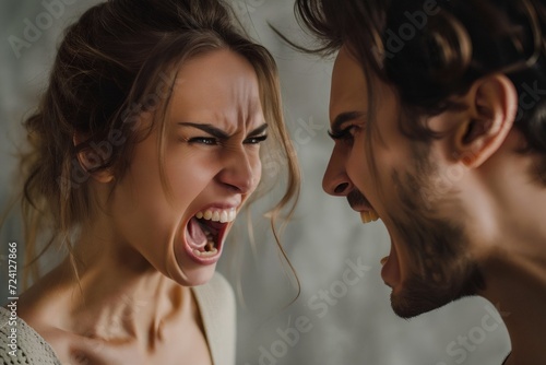Angry young adult Caucasian woman yelling versus her husband on grey background, Young couple arguing and fighting. Domestic violence and emotional abuse scene of woman and man screaming at each other