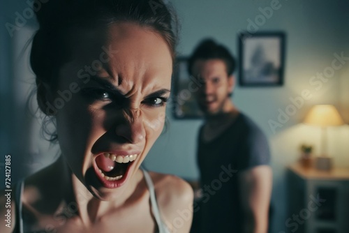 Angry young adult Caucasian woman yelling versus her husband at home living room, Young couple arguing and fighting. Domestic violence, emotional abuse scene of woman and man screaming at each other