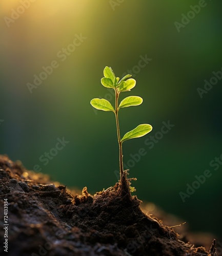 A delicate green stem sprouts from the soil, bathed in morning sunlight, symbolizing growth and new beginnings. Generative AI.