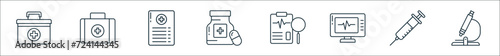 outline set of medical line icons. linear vector icons such as first aid box, first aid box, prescription, medicine, diagtic, cardiogram, injection, microscope