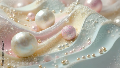 Pastel background with soft flowing creamy fluid waves and colourful pearl balls.