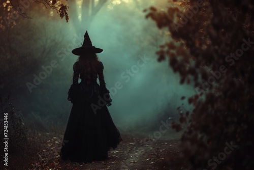 Mysterious Witch in Forest at Dusk
