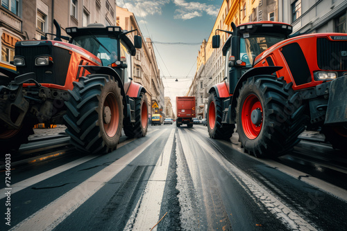 Tractors in row block traffic on city street, Farmers protest, Demonstration due to economic problems