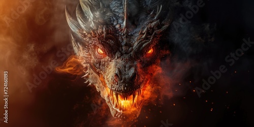 A detailed view of a dragon breathing fire. This image can be used to depict fantasy, mythology, or power.