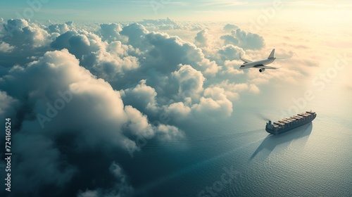 High altitude view of an airplane passing through the clouds, a cargo ship sailing on the sea, a clear sky, blue and white tones, creative use