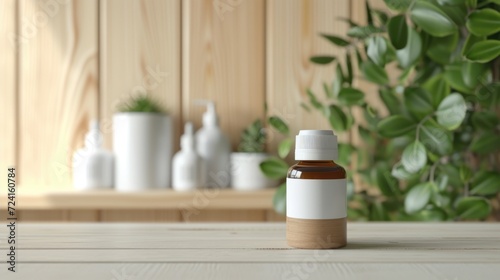 A bottle of essential oil sitting on a table. Suitable for aromatherapy and natural skincare concepts