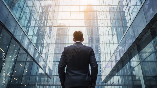 Back of businessman in suit with business office glass modern buildings background for financial freedom portfolio or company profit and strategy growth IPO poster